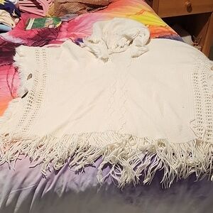 SHEIN Ivory Knit Poncho with Fringe